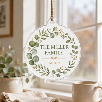 Personalized Family Name Ornament, Custom Est. Year Acrylic Keepsake, Eucalyptus Wreath Family Established Sign, Housewarming & Christmas Gift image 3