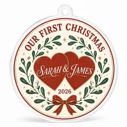 Personalized Couple Christmas Ornament, Our First Christmas Anniversary Keepsake, Custom Names Year Mistletoe Acrylic Tree Decoration | Trinmama