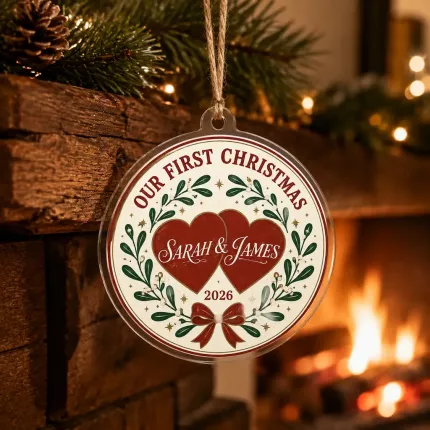 Personalized Couple Christmas Ornament, Our First Christmas Anniversary Keepsake, Custom Names Year Mistletoe Acrylic Tree Decoration | Trinmama image 2