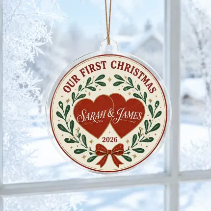 Personalized Couple Christmas Ornament, Our First Christmas Anniversary Keepsake, Custom Names Year Mistletoe Acrylic Tree Decoration | Trinmama image 3