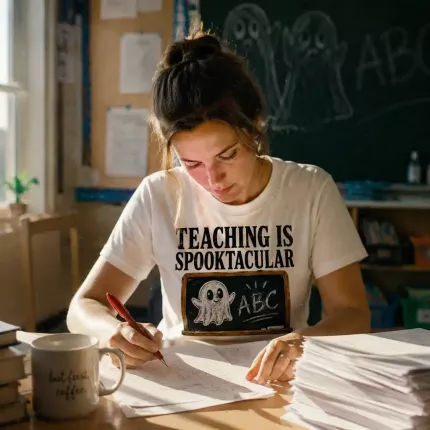 Teaching Is Spooktacular Halloween T-Shirt, Funny Teacher Costume Tee, Retro Chalkboard Print | Trinmama image 2