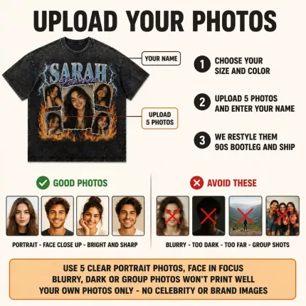 Custom Bootleg Shirt with Your Photos, Personalized Rap Tee Vintage Washed with Name, 90s Bootleg-Style Picture Shirt | Trinmama image 5