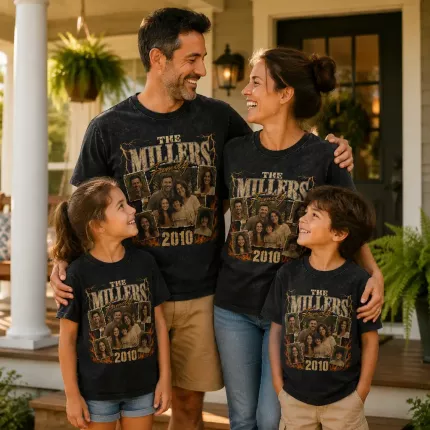 Custom Family Bootleg Shirt with Your Photos, Personalized Rap Tee with Surname and Year, 90s Bootleg-Style Family Picture Shirt | Trinmama image 2