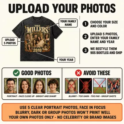 Custom Family Bootleg Shirt with Your Photos, Personalized Rap Tee with Surname and Year, 90s Bootleg-Style Family Picture Shirt | Trinmama image 5