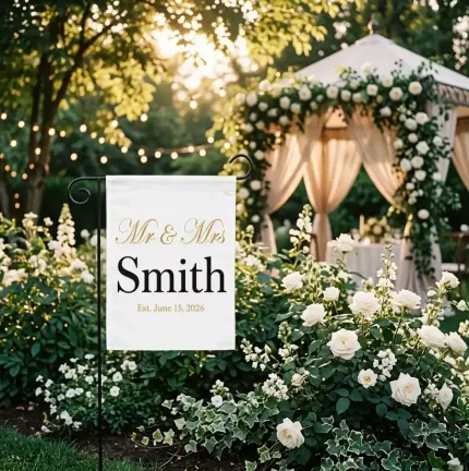 Mr & Mrs Custom Name Garden Flag, Custom Surname & Date, Elegant Wedding Decor | Trinmama image 2