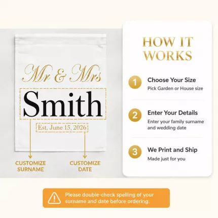 Mr & Mrs Custom Name Garden Flag, Custom Surname & Date, Elegant Wedding Decor | Trinmama image 5