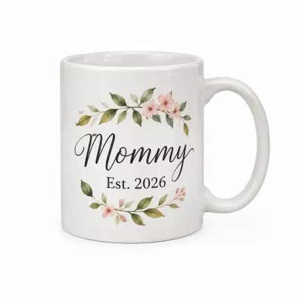Custom Baby Shower Mug — Mommy Est. 2026, Personalized Name & Year Ceramic Coffee Cup