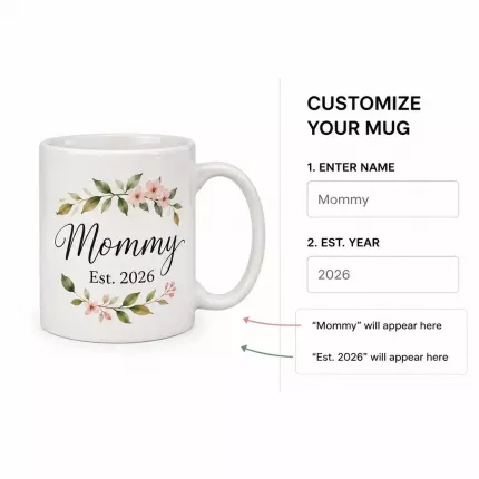 Custom Baby Shower Mug — Mommy Est. 2026, Personalized Name & Year Ceramic Coffee Cup image 4