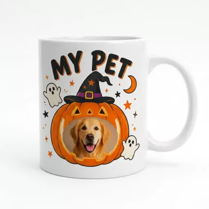 Custom Pet Photo Halloween Mug, Personalized Dog Pumpkin Mug, Spooky Pet Lover Gift
