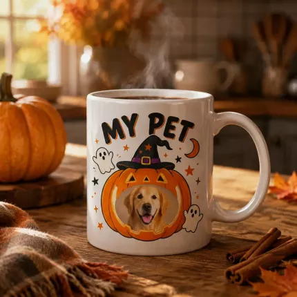 Custom Pet Photo Halloween Mug, Personalized Dog Pumpkin Mug, Spooky Pet Lover Gift image 2