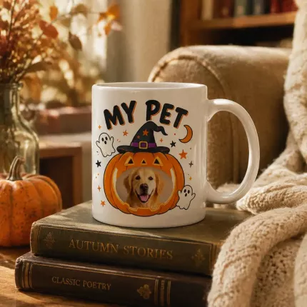 Custom Pet Photo Halloween Mug, Personalized Dog Pumpkin Mug, Spooky Pet Lover Gift image 3