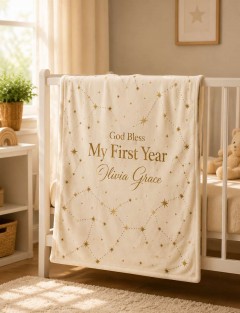 God Bless My First Year Blanket — Custom Baby Name Fleece Throw, Starry Constellation Nursery Keepsake image 2
