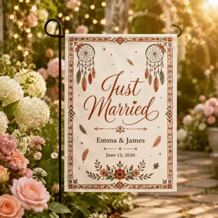 Just Married Names & Date Boho Garden Flag image 2