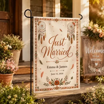 Just Married Names & Date Boho Garden Flag image 3