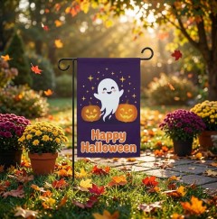 Happy Halloween Ghost Garden Flag, Cute Halloween Yard Flag with Spooky Ghost, Pumpkin & Stars, Double-Sided Outdoor Decoration | Trinmama image 2