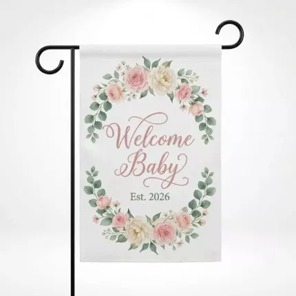 Welcome Baby Personalized Garden Flag, Baby Shower Outdoor Decor, Custom Name & Year, Watercolor Floral Design