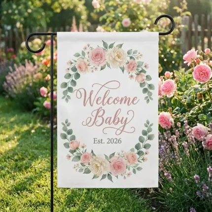 Welcome Baby Personalized Garden Flag, Baby Shower Outdoor Decor, Custom Name & Year, Watercolor Floral Design image 2