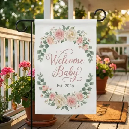 Welcome Baby Personalized Garden Flag, Baby Shower Outdoor Decor, Custom Name & Year, Watercolor Floral Design image 3