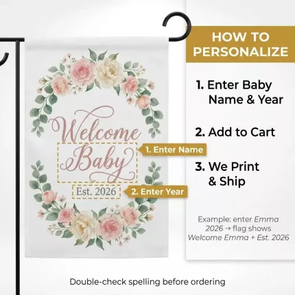 Welcome Baby Personalized Garden Flag, Baby Shower Outdoor Decor, Custom Name & Year, Watercolor Floral Design image 6