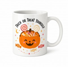 Trick or Treat Yourself Halloween Coffee Mug, Pumpkin Candy Ceramic, Spooky Season Gift | Trinmama