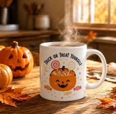 Trick or Treat Yourself Halloween Coffee Mug, Pumpkin Candy Ceramic, Spooky Season Gift | Trinmama image 2