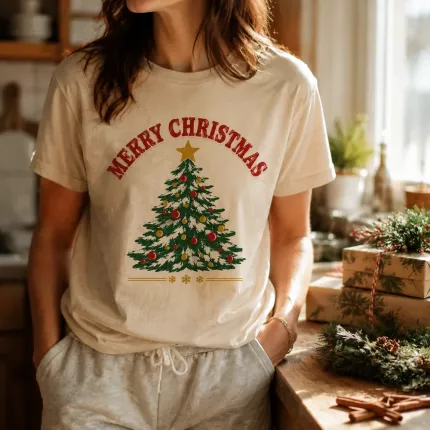 Retro Merry Christmas T-Shirt, Vintage Christmas Tree Tee, Distressed Holiday Shirt, Christmas Family Gift image 2