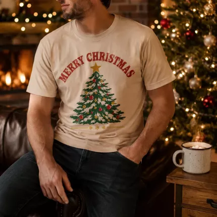 Retro Merry Christmas T-Shirt, Vintage Christmas Tree Tee, Distressed Holiday Shirt, Christmas Family Gift image 3
