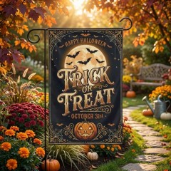 Trick or Treat Welcome Garden Flag, Vintage Halloween Yard Flag with Jack-o-Lantern, Bats & Moon, Double-Sided Outdoor Decoration | Trinmama image 2