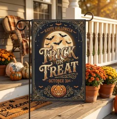Trick or Treat Welcome Garden Flag, Vintage Halloween Yard Flag with Jack-o-Lantern, Bats & Moon, Double-Sided Outdoor Decoration | Trinmama image 3
