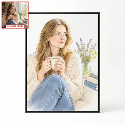 Custom Watercolor Line Art Picture Frame, Personalized Photo to Watercolor Sketch Portrait Canvas Print, Delicate Line Art Wall Decor Gift | Trinmama