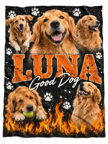 Custom Pet Bootleg Fleece Blanket with Your Dog's Photos, Personalized Pet Photo Collage Throw, 90s Rap Tee Style Pet Name Blanket | Trinmama