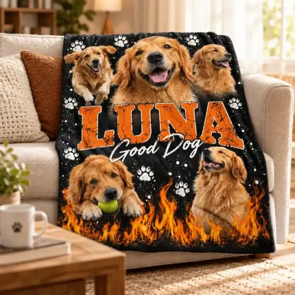 Custom Pet Bootleg Fleece Blanket with Your Dog's Photos, Personalized Pet Photo Collage Throw, 90s Rap Tee Style Pet Name Blanket | Trinmama image 2