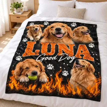 Custom Pet Bootleg Fleece Blanket with Your Dog's Photos, Personalized Pet Photo Collage Throw, 90s Rap Tee Style Pet Name Blanket | Trinmama image 3