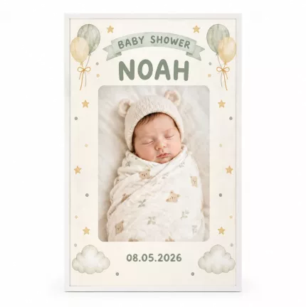 Personalized Baby Shower Picture Frame, Custom Baby Name Photo Date Canvas Print, Gender Neutral Newborn Gift