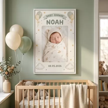 Personalized Baby Shower Picture Frame, Custom Baby Name Photo Date Canvas Print, Gender Neutral Newborn Gift image 2