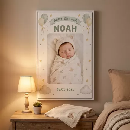 Personalized Baby Shower Picture Frame, Custom Baby Name Photo Date Canvas Print, Gender Neutral Newborn Gift image 3