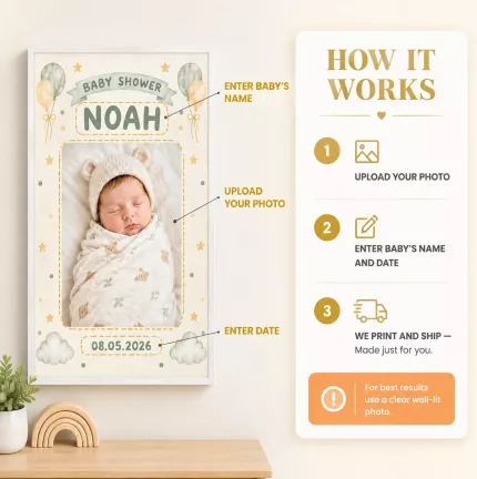 Personalized Baby Shower Picture Frame, Custom Baby Name Photo Date Canvas Print, Gender Neutral Newborn Gift image 5