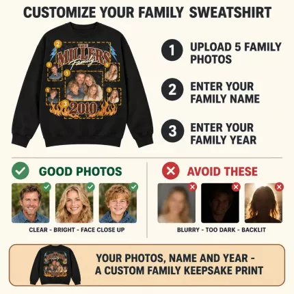 Custom Family Bootleg Sweatshirt with Your Photos, Personalized Hoodie with Family Name and Year, 90s Rap Tee Style Family Photo Collage Sweatshirt | Trinmama image 5