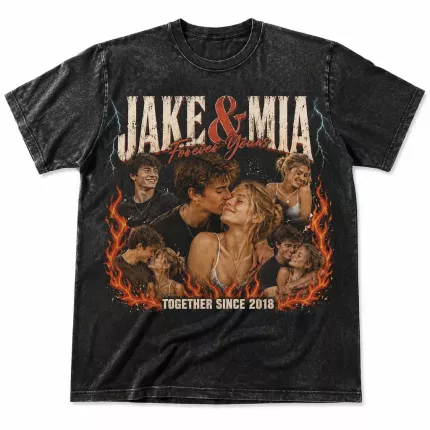 Custom Couple Bootleg Tee with Your Photos, Personalized Couple Shirt with Names and Year, 90s Bootleg-Style Couple Picture T-Shirt | Trinmama image 1