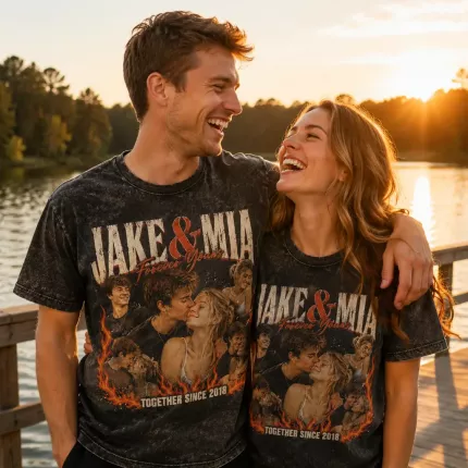 Custom Couple Bootleg Tee with Your Photos, Personalized Couple Shirt with Names and Year, 90s Bootleg-Style Couple Picture T-Shirt | Trinmama image 2
