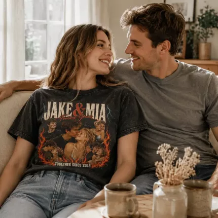 Custom Couple Bootleg Tee with Your Photos, Personalized Couple Shirt with Names and Year, 90s Bootleg-Style Couple Picture T-Shirt | Trinmama image 3