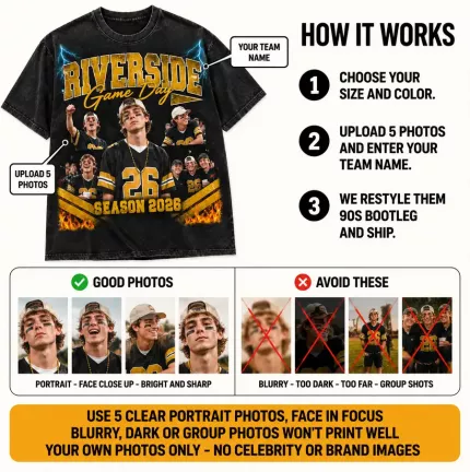 Custom Sports Fan Bootleg Tee with Your Photos, Personalized Game Day Shirt with Your Team Name, 90s Bootleg-Style Varsity Fan T-Shirt | Trinmama image 7