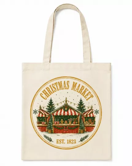 Christmas Market Canvas Tote Bag, Vintage Holiday Shopping Bag | Trinmama image 2