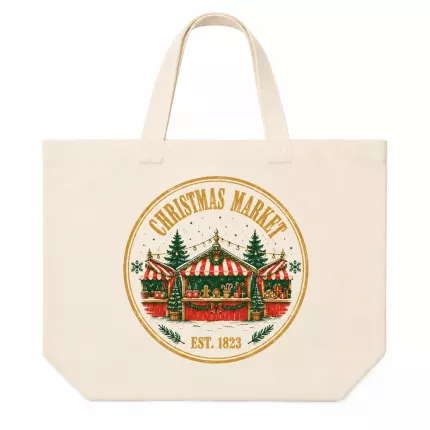 Christmas Market Canvas Tote Bag, Vintage Holiday Shopping Bag | Trinmama image 3