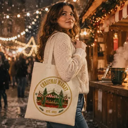 Christmas Market Canvas Tote Bag, Vintage Holiday Shopping Bag | Trinmama image 4
