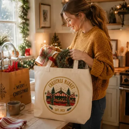 Christmas Market Canvas Tote Bag, Vintage Holiday Shopping Bag | Trinmama image 5