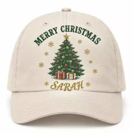 Retro Christmas Baseball Cap, Custom Name Vintage Tree Print, Personalized Holiday Hat for Men Women