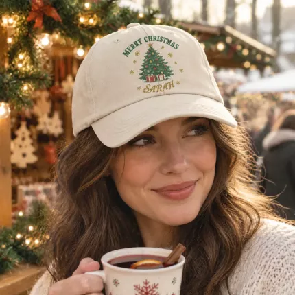 Retro Christmas Baseball Cap, Custom Name Vintage Tree Print, Personalized Holiday Hat for Men Women image 2