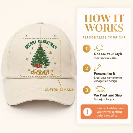 Retro Christmas Baseball Cap, Custom Name Vintage Tree Print, Personalized Holiday Hat for Men Women image 5