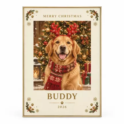 Personalized Pet Christmas Picture Frame, Custom Photo Name Year Canvas Print, Holiday Keepsake Gift
